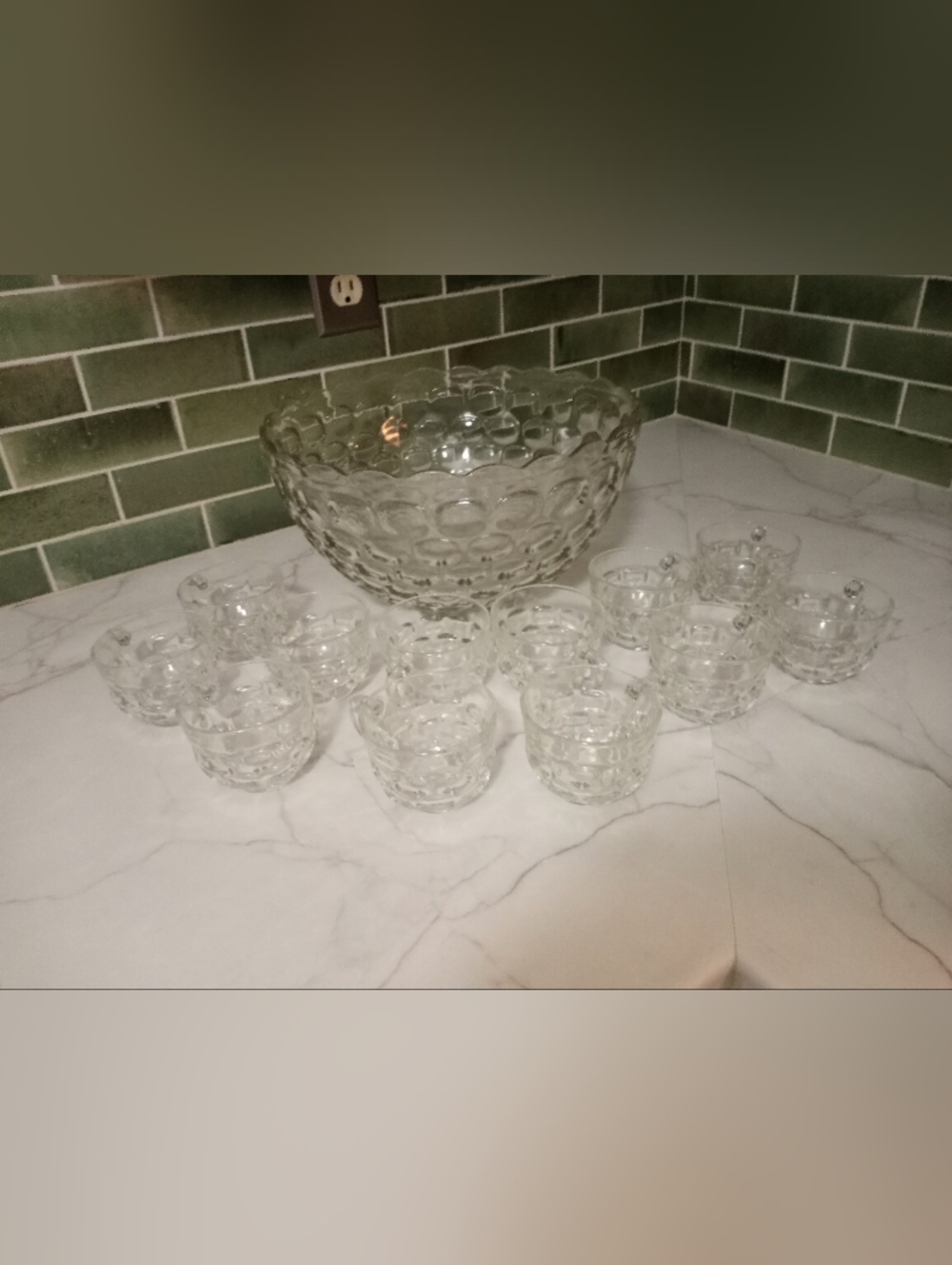 Vintage Federal Glass Thumbprint Punchbowl Set Of 13